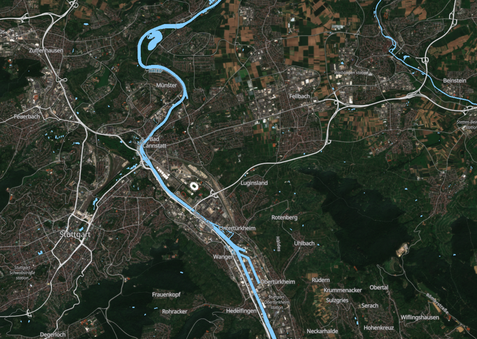Sentinel-2-Echtfarbenbild eines Teilgebiets des Gro?raumes Stuttgart. Visualisierung erstellt mit sentinel-hub.com
