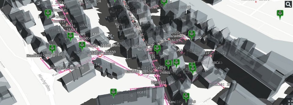 3D City Model in the area of Katharinenvorstadt, Schw?bisch Hall, with an integrated district heating network. 3D building model and district heating network visualization