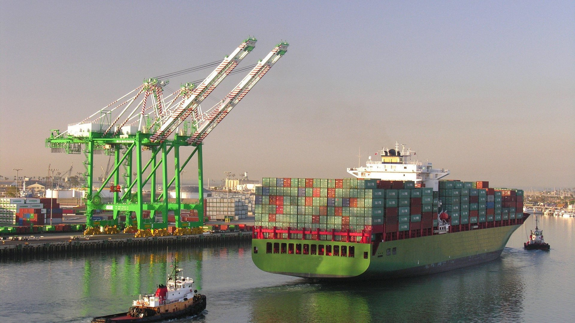 Einfahrt eines Containerschiffs in einen Hafen. Im Hintergrund stehen Kr?ne